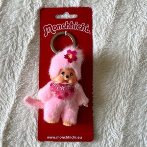 Monchhichi Pink Plush Keychain with Flower Accent